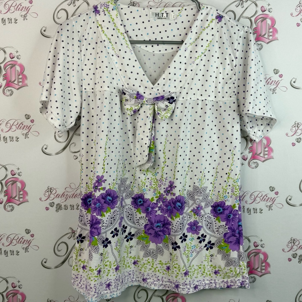 H.t.t T-shirt ribbon bow Floral Polka Dot Women's Top - Purple and White
